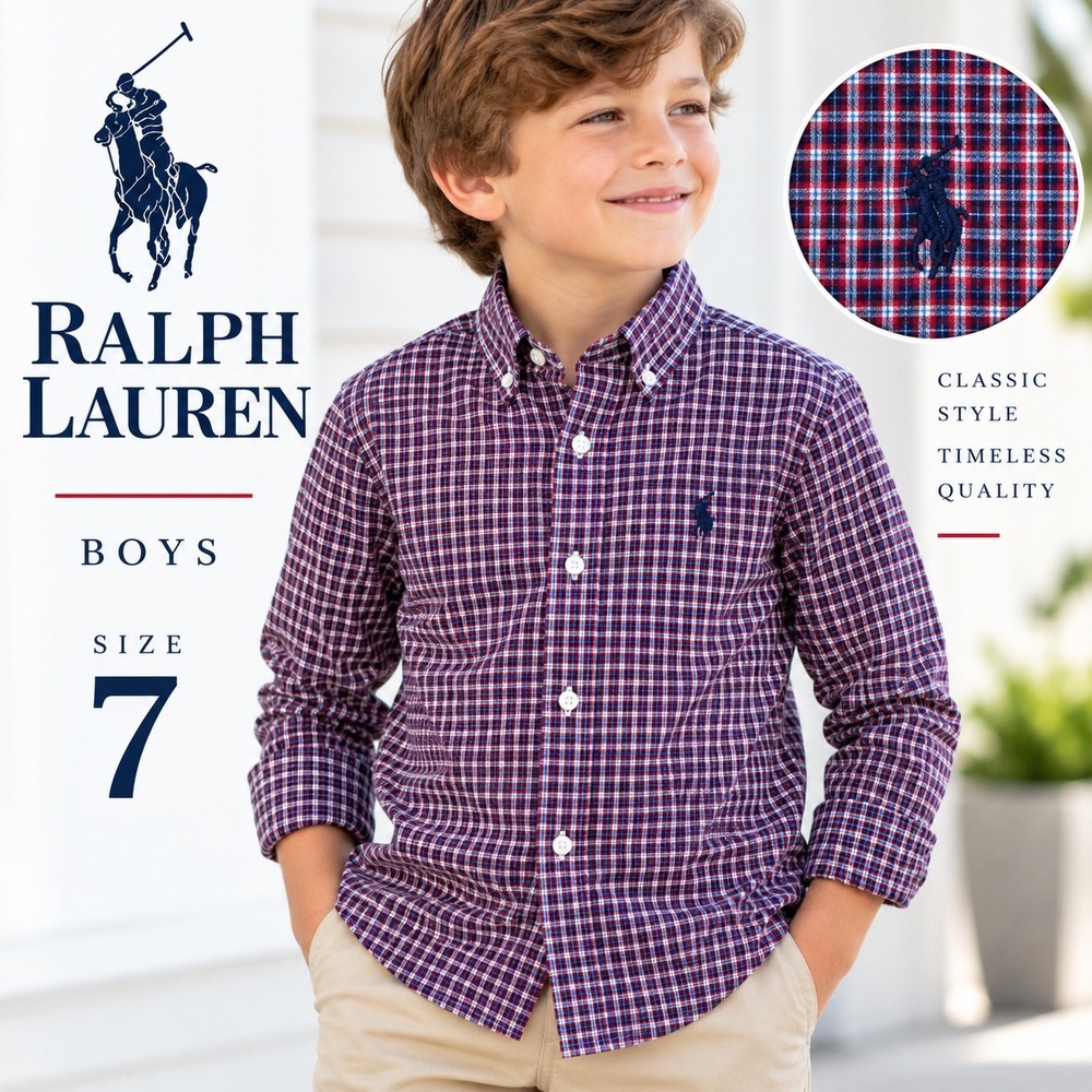 Ralph Lauren Button Down Shirt Boys Size 7 Red Blue Long Sleeve Logo